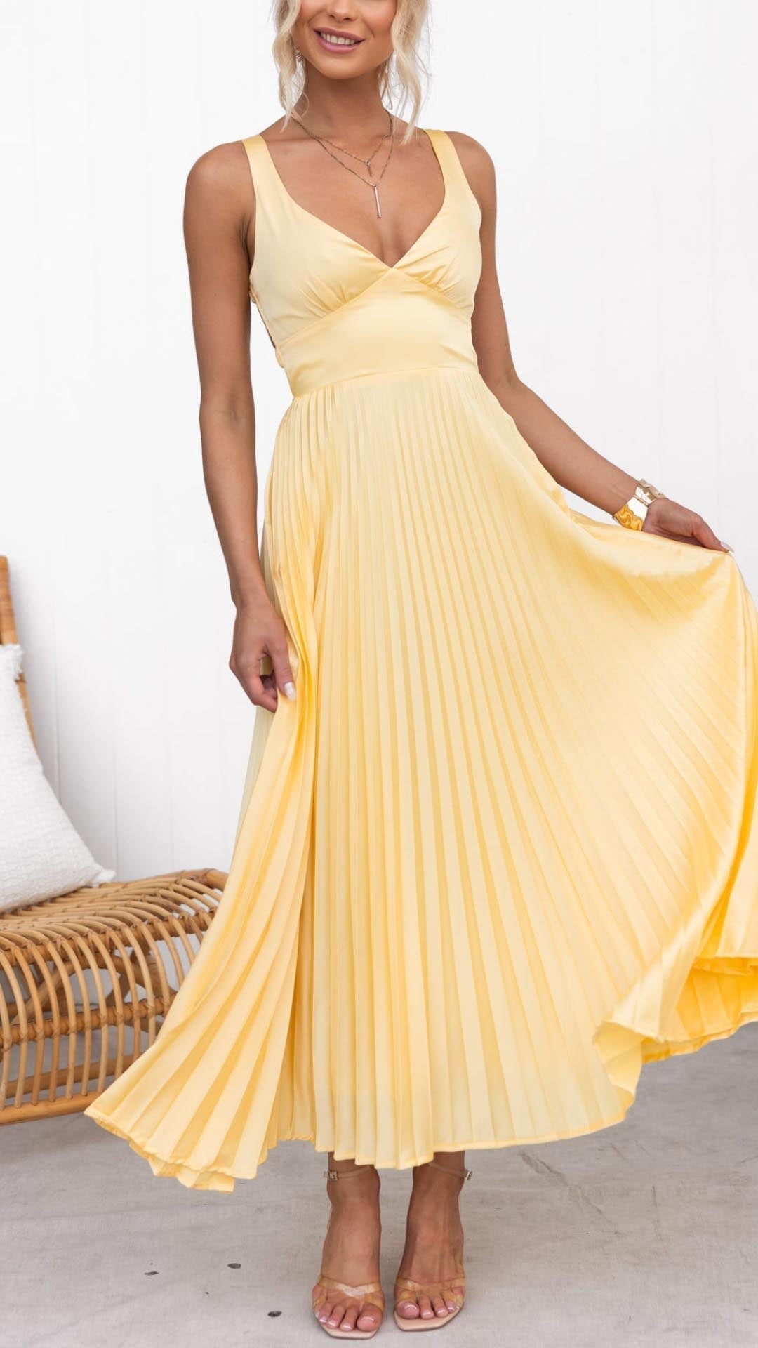 Abigail | Gelbes Plissiertes V-Ausschnitt Maxikleid