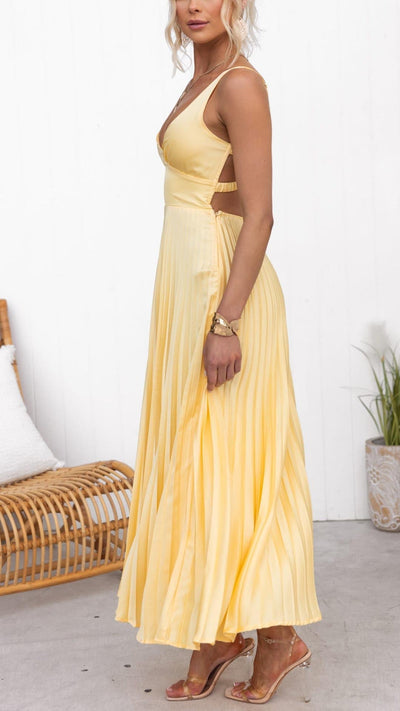 Abigail | Gelbes Plissiertes V-Ausschnitt Maxikleid