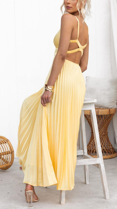 Abigail | Gelbes Plissiertes V-Ausschnitt Maxikleid