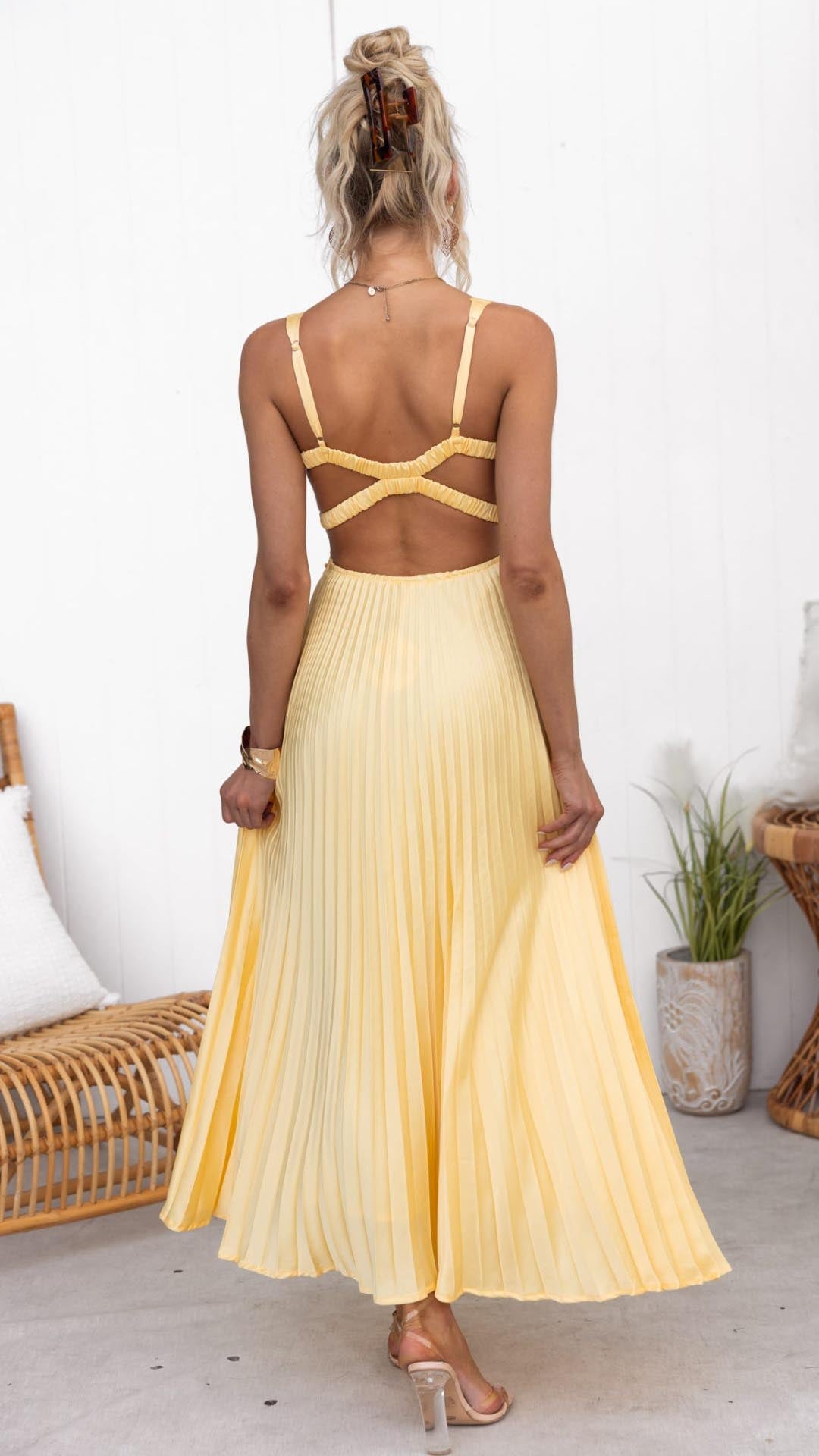 Abigail | Gelbes Plissiertes V-Ausschnitt Maxikleid