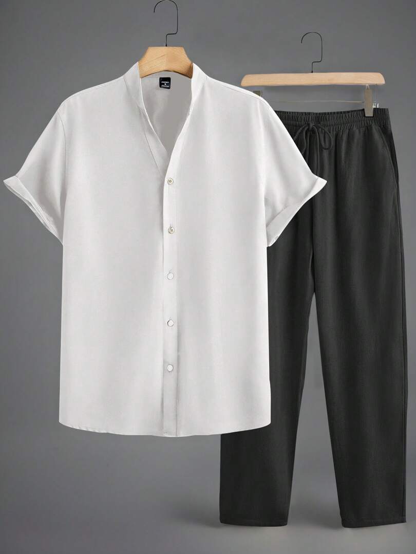 Minimalistisches Herren-Set | Kurzarmhemd mit Stehkragen & Hose