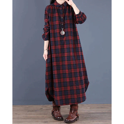 Langärmliges Kariertes Hemdkleid Für Damen | Midi