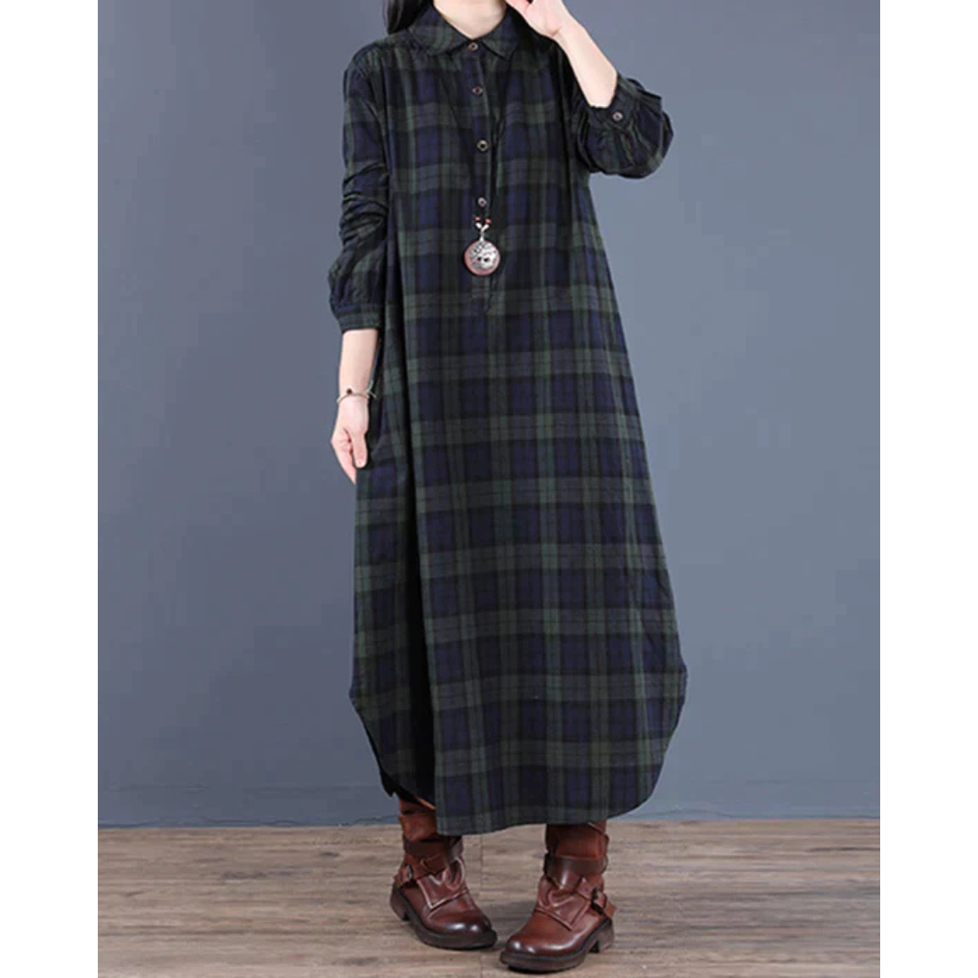 Langärmliges Kariertes Hemdkleid Für Damen | Midi