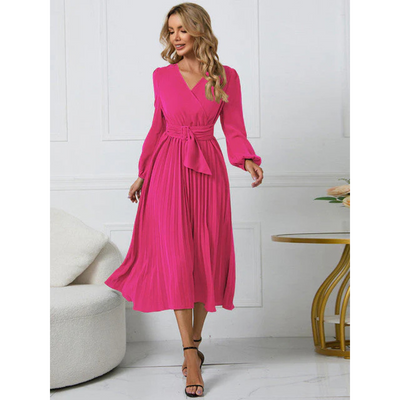 Damen Faltenrock Gürtel Taille V-Ausschnitt Kleid | Midi