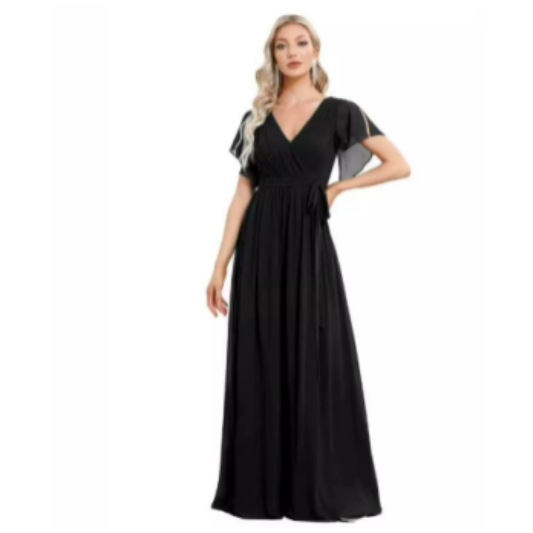 Damen V-Ausschnitt Flatterärmel Kleid | Maxi