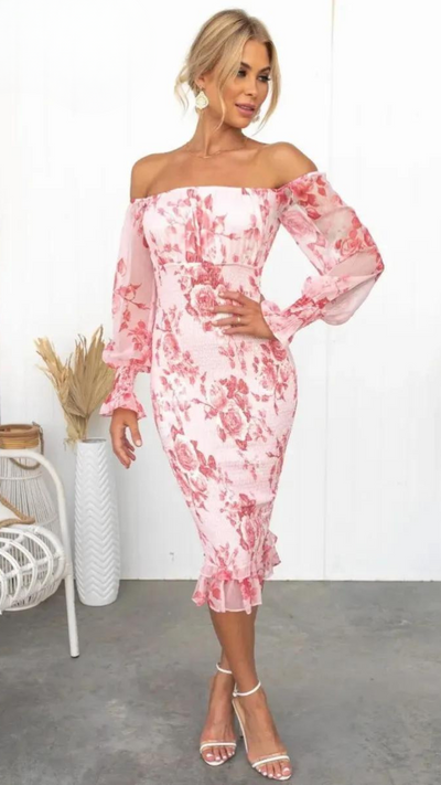 Romantisches Off-Shoulder Bodycon Kleid mit Blumenprint – Figurbetontes Midikleid in Rosa für Sommer & Events