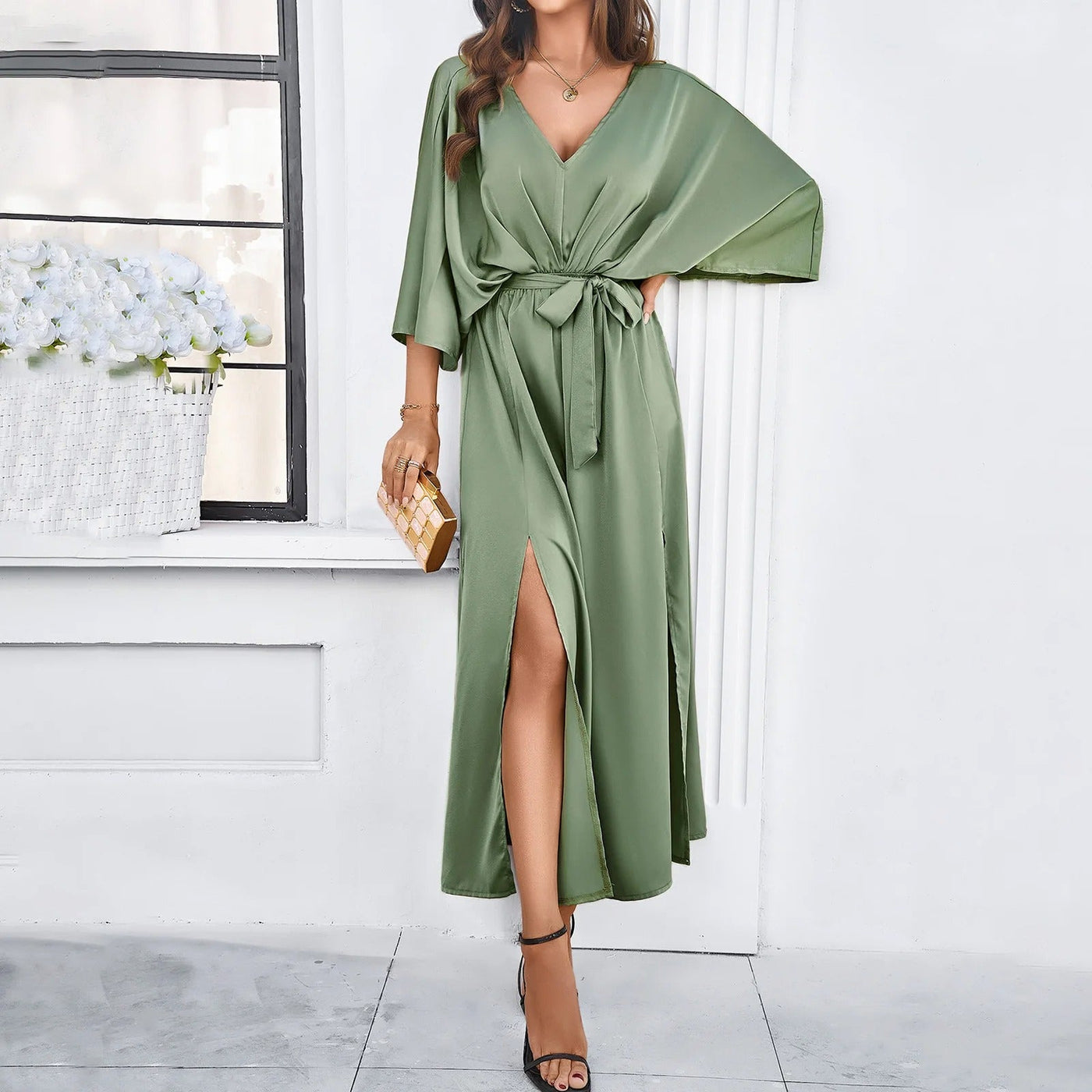 V-Ausschnitt frühling kleid für frauen