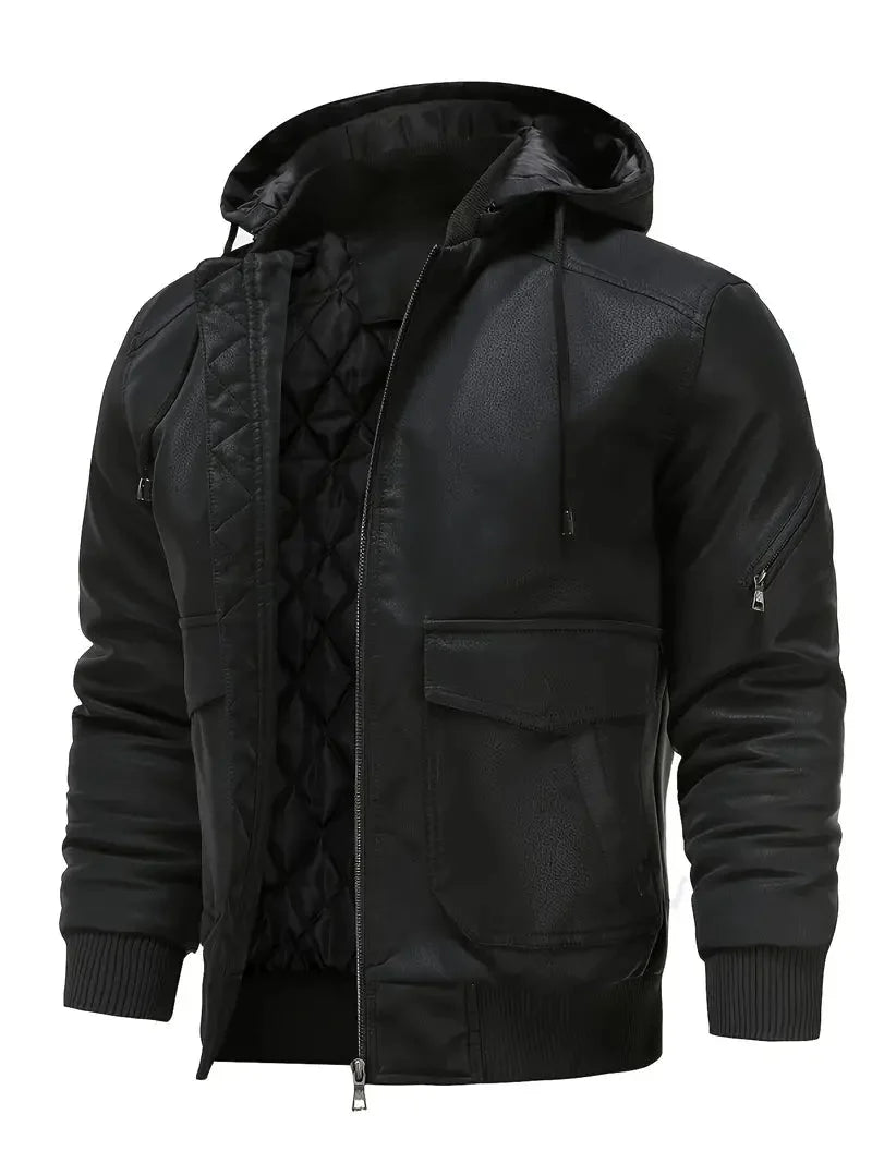 Winter-Lederjacke – winddichte PU-Lederjacke mit Kapuze und gestepptem Innenfutter für Herren