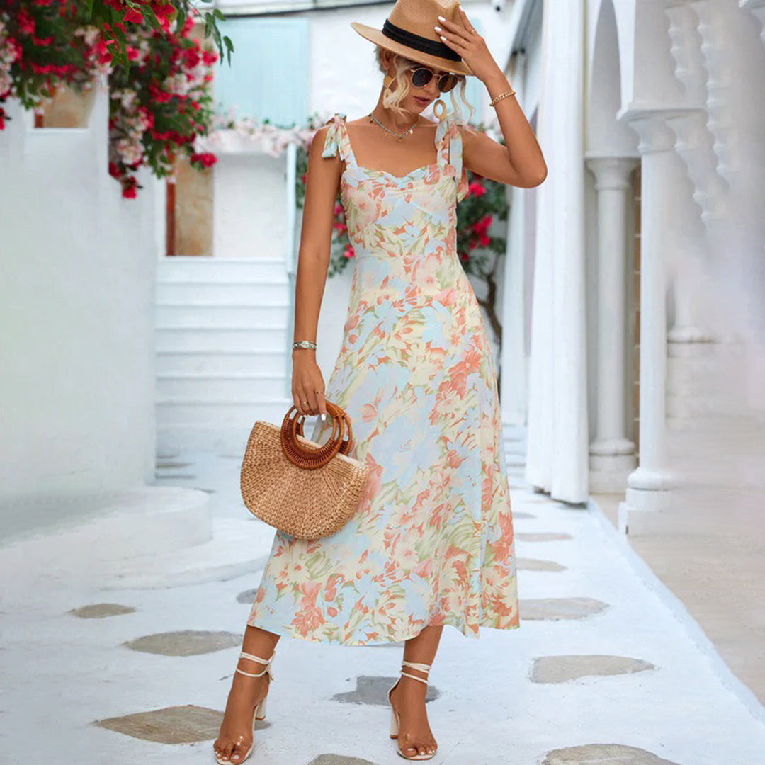 Geblümtes Sommer-Midikleid – Ärmellos, Bindebänder, Leichtes Material