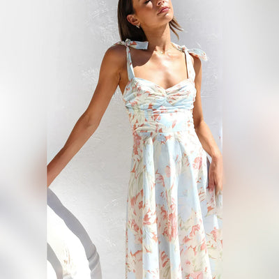 Geblümtes Sommer-Midikleid – Ärmellos, Bindebänder, Leichtes Material