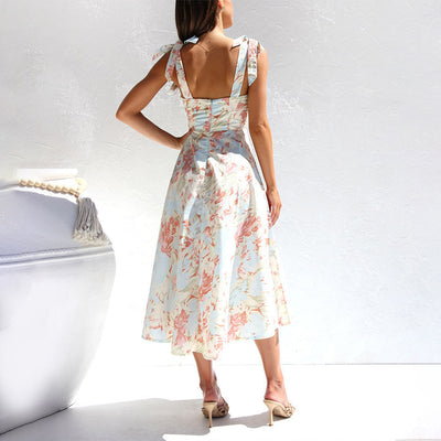 Geblümtes Sommer-Midikleid – Ärmellos, Bindebänder, Leichtes Material