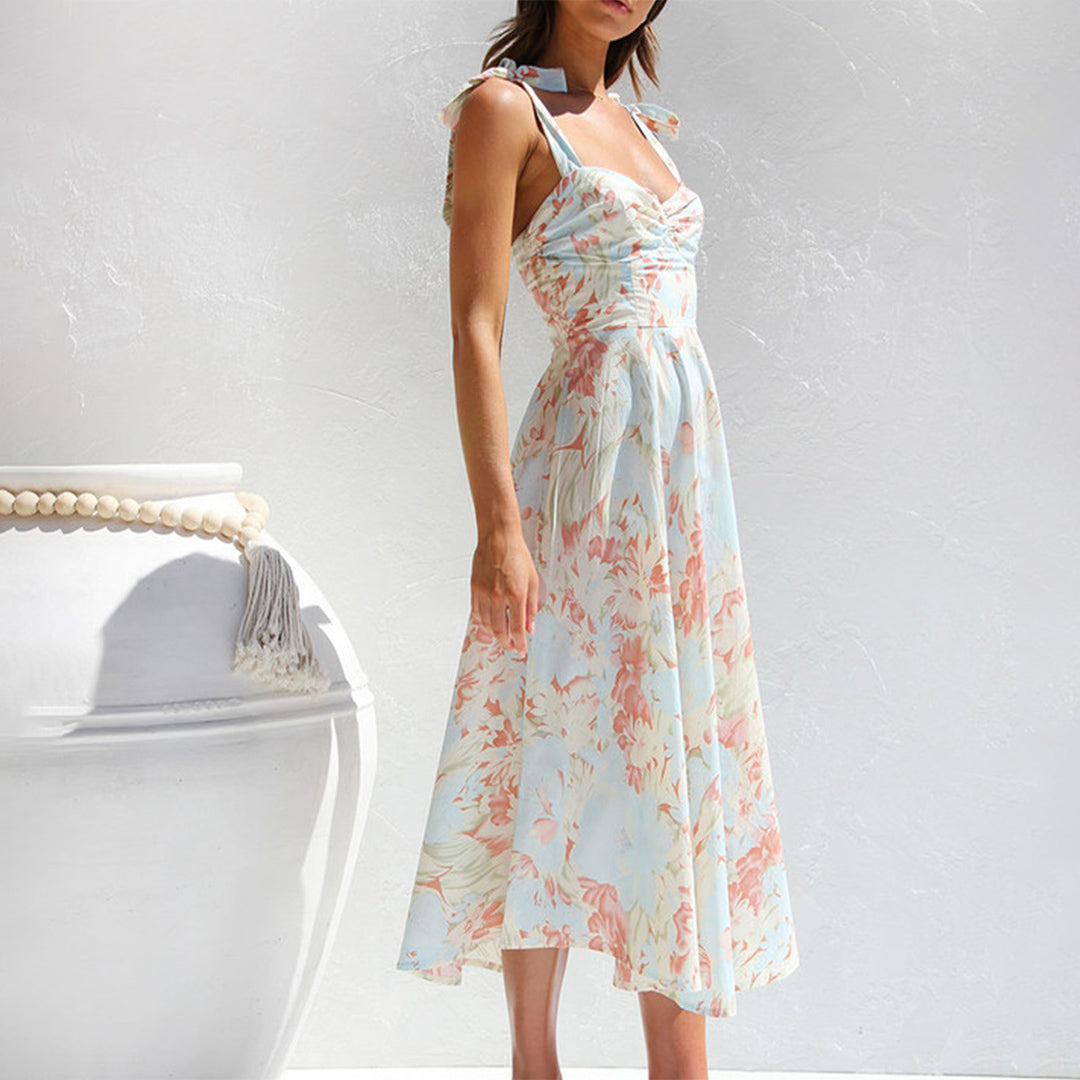 Geblümtes Sommer-Midikleid – Ärmellos, Bindebänder, Leichtes Material