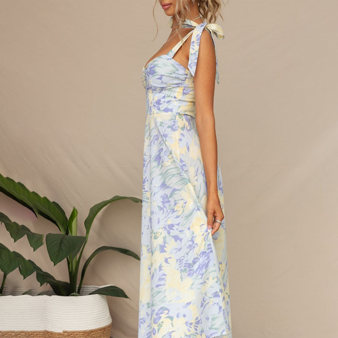 Geblümtes Sommer-Midikleid – Ärmellos, Bindebänder, Leichtes Material