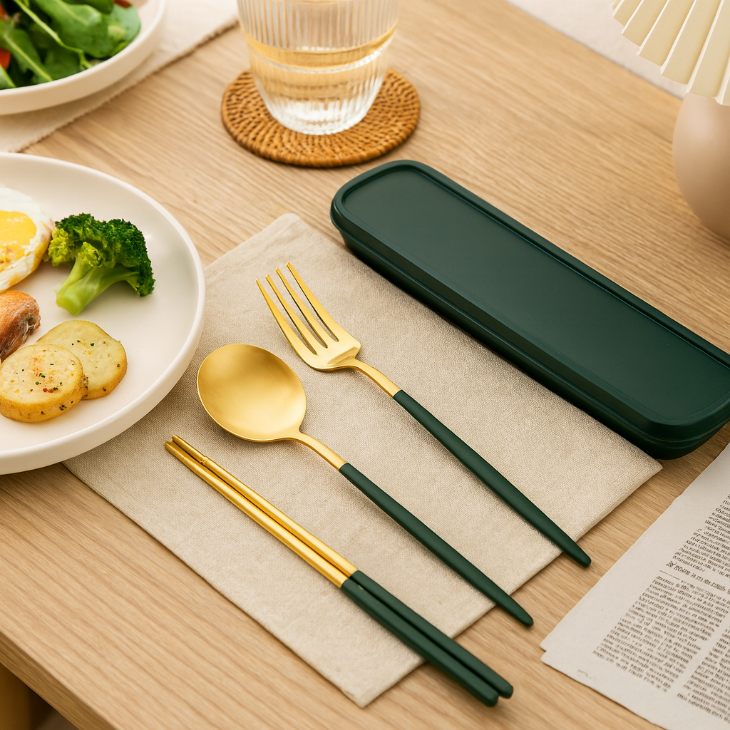 Zeyora | 4-teiliges Reisebesteck- und Essstäbchenset aus Edelstahl mit Halter