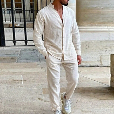 Zweiteiliges Set | Button-Up | Langarm | Leinen Co-Ord Set | Herrenbekleidung