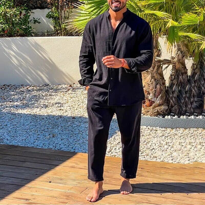 Zweiteiliges Set | Button-Up | Langarm | Leinen Co-Ord Set | Herrenbekleidung