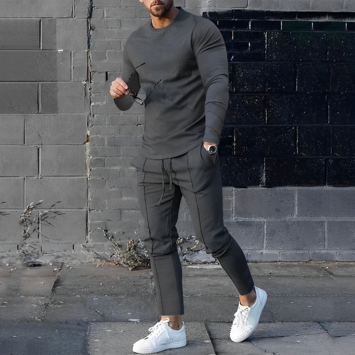 Zweiteiliges Set - Herren Casual Langarm Hose mit Kordelzug Passendes Set
