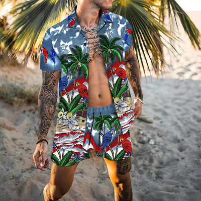Zweiteiliges Set - Herren Kurzarm-Hawaiihemd Sommer Shorts Set
