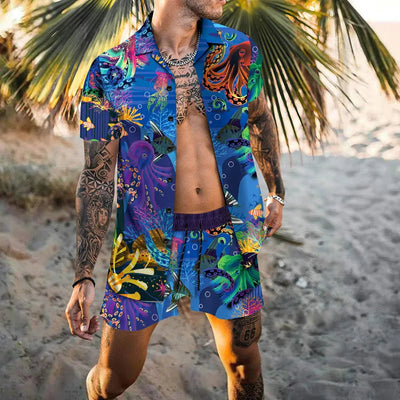 Zweiteiliges Set - Herren Kurzarm-Hawaiihemd Sommer Shorts Set