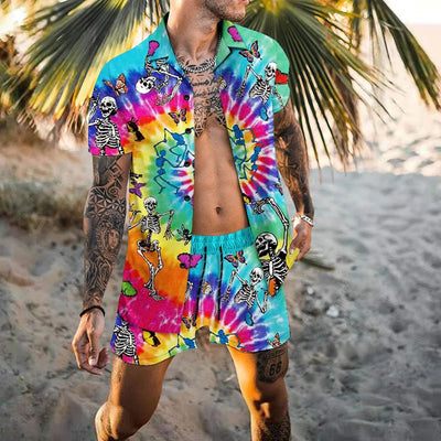 Zweiteiliges Set - Herren Kurzarm-Hawaiihemd Sommer Shorts Set