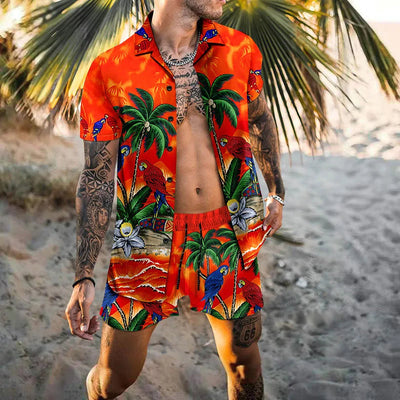 Zweiteiliges Set - Herren Kurzarm-Hawaiihemd Sommer Shorts Set