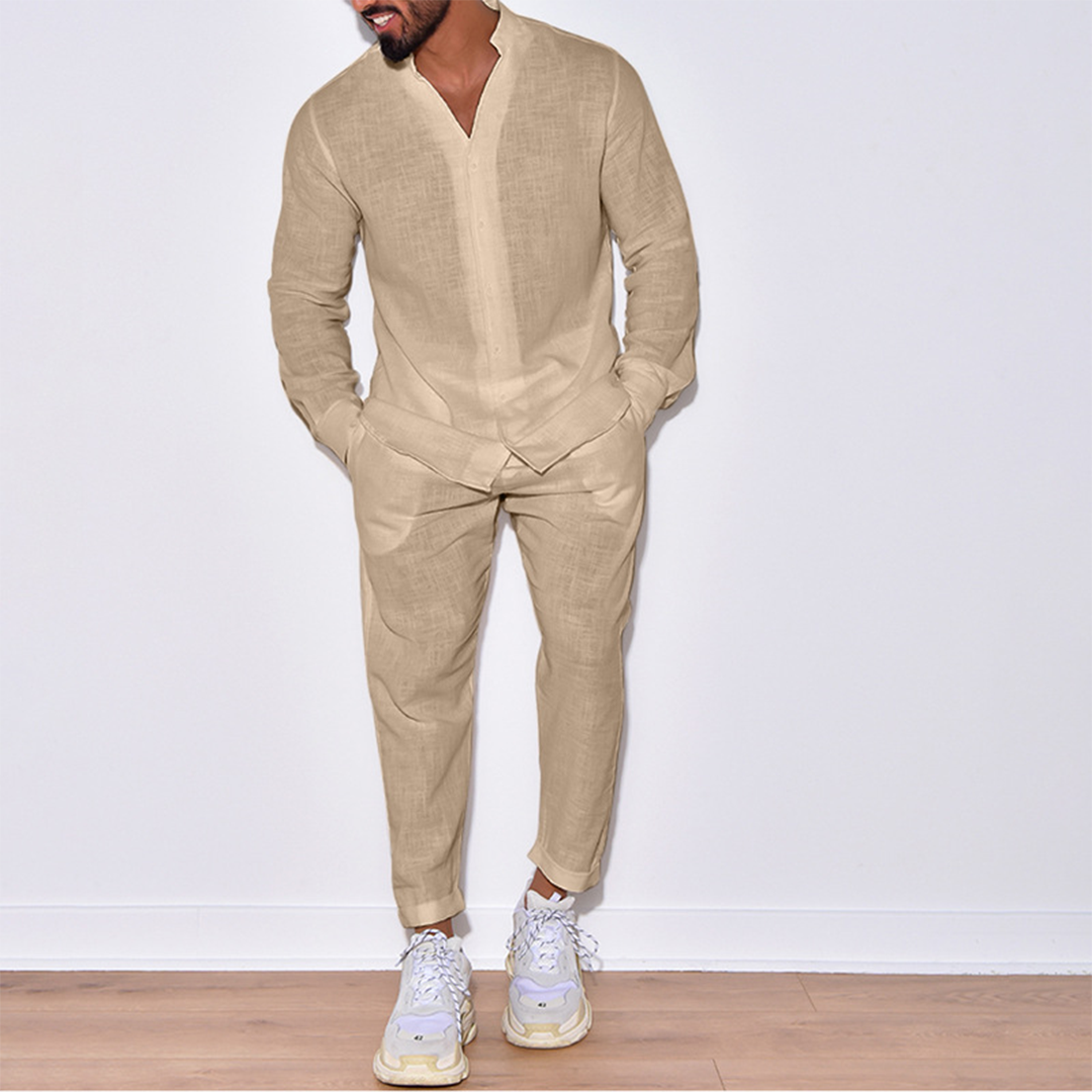 Zweiteiliges Set | Langarm | Button-Up | Leinenkleidung | Herren Co-Ord Set