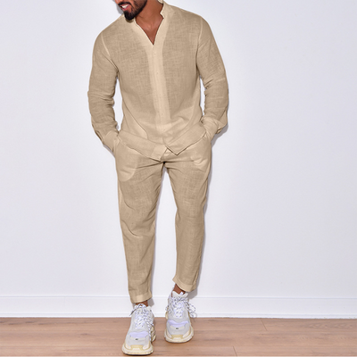 Zweiteiliges Set | Langarm | Button-Up | Leinenkleidung | Herren Co-Ord Set