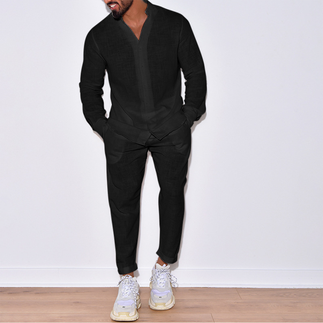 Zweiteiliges Set | Langarm | Button-Up | Leinenkleidung | Herren Co-Ord Set