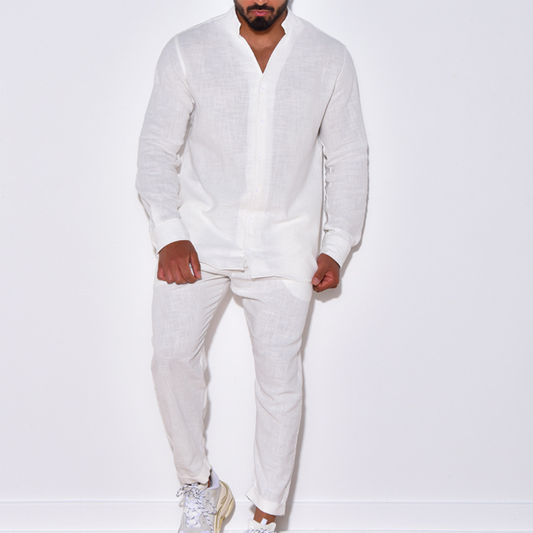 Zweiteiliges Set | Langarm | Button-Up | Leinenkleidung | Herren Co-Ord Set