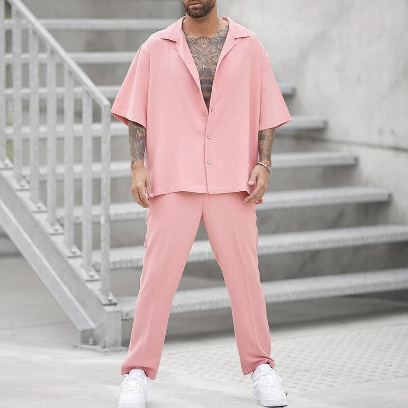 Zweiteiliges Set | Rosa | Kurze Ärmel | Hose und Hemd | Herren-Set