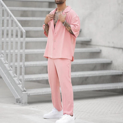 Zweiteiliges Set | Rosa | Kurze Ärmel | Hose und Hemd | Herren-Set