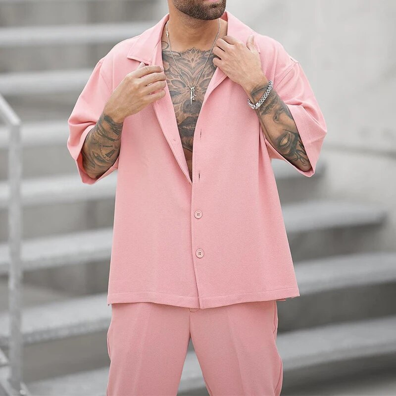 Zweiteiliges Set | Rosa | Kurze Ärmel | Hose und Hemd | Herren-Set