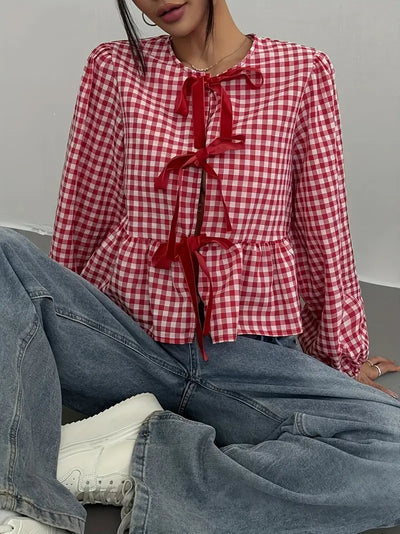 Daniela | Vintage Schwarz-Weiß Karierte Bubble Langarm-Bluse