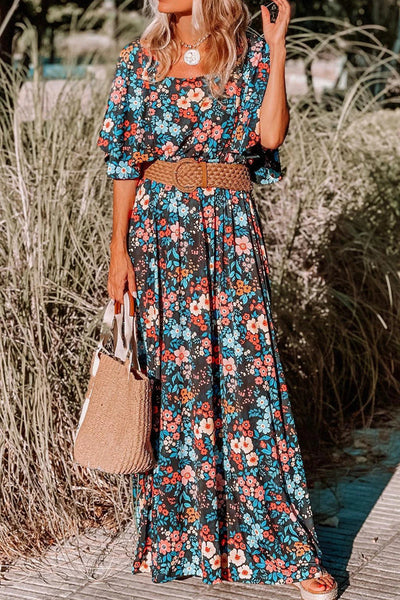 Fiona® | Himmelblaues, geknotetes, rückenfreies Maxikleid mit Boho-Blumendruck