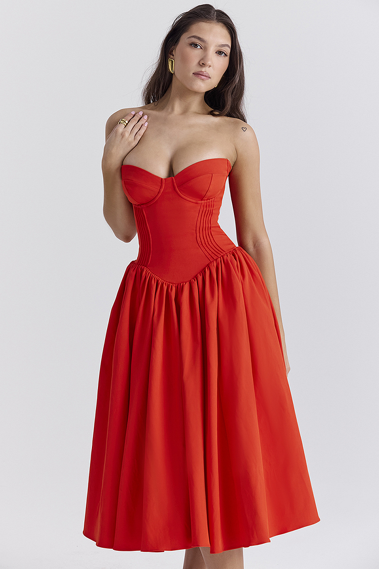 Lisa® | Trägerloses Korsett-Midikleid mit plissiertem Saum für Abschlussball und Party – Rot