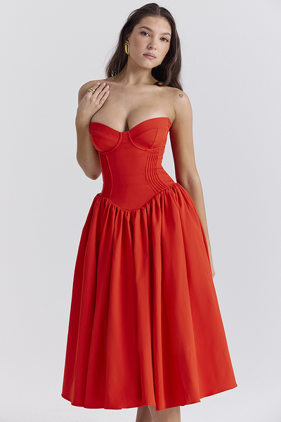 Lisa® | Trägerloses Korsett-Midikleid mit plissiertem Saum für Abschlussball und Party – Rot