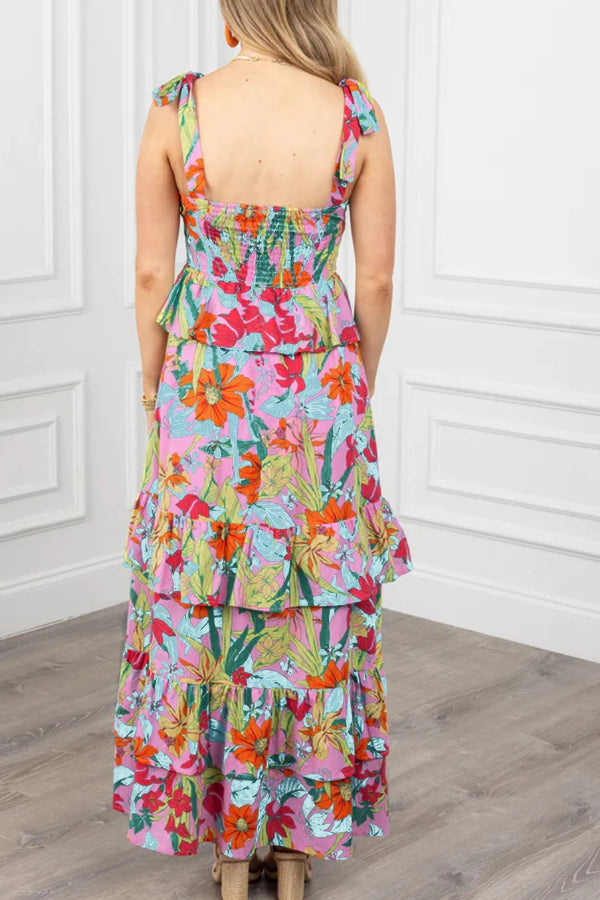 Iliana® | Mehrfarbiges mehrlagiges Maxikleid mit Boho-Blumendruck, Knotenträger und Rüschen