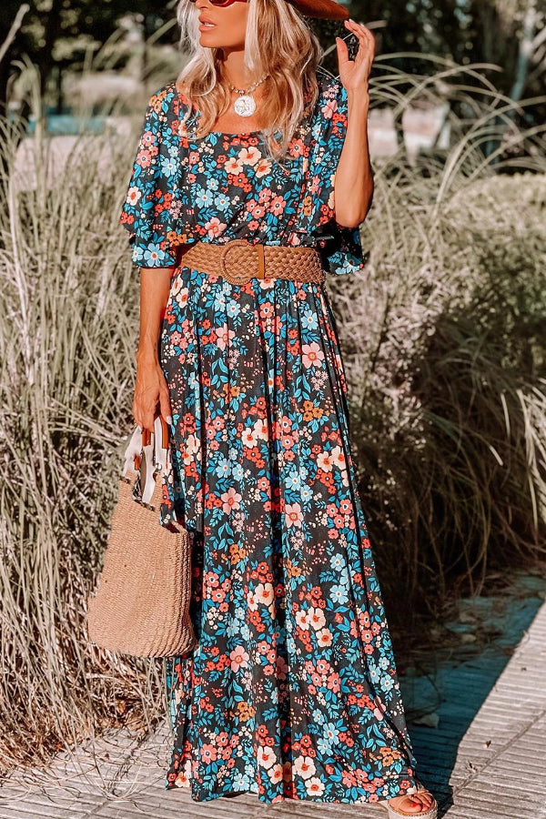 Fiona® | Himmelblaues, geknotetes, rückenfreies Maxikleid mit Boho-Blumendruck