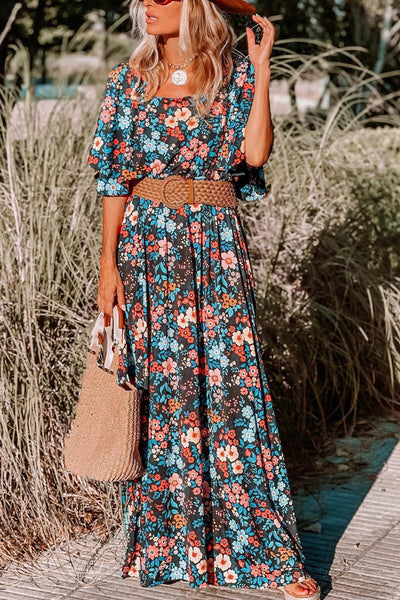 Fiona® | Himmelblaues, geknotetes, rückenfreies Maxikleid mit Boho-Blumendruck