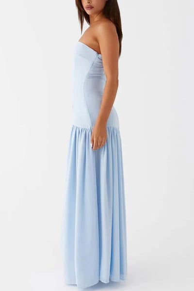Lizzy® | Trägerloses, halbtransparentes Patchwork-Maxikleid aus Chiffon