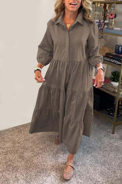 Maureen® | Einfarbiges, lockeres Maxikleid mit elastischen Bündchen am Revers