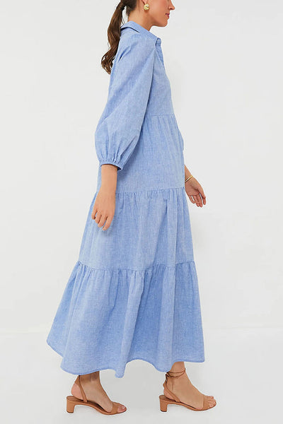 Maureen® | Einfarbiges, lockeres Maxikleid mit elastischen Bündchen am Revers