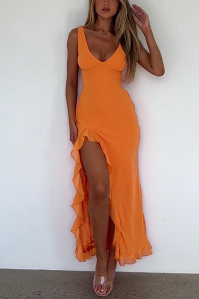Leila® | Slim-Fit-Maxi-Tanktop-Kleider mit V-Ausschnitt und Rüschen und hohem Schlitz
