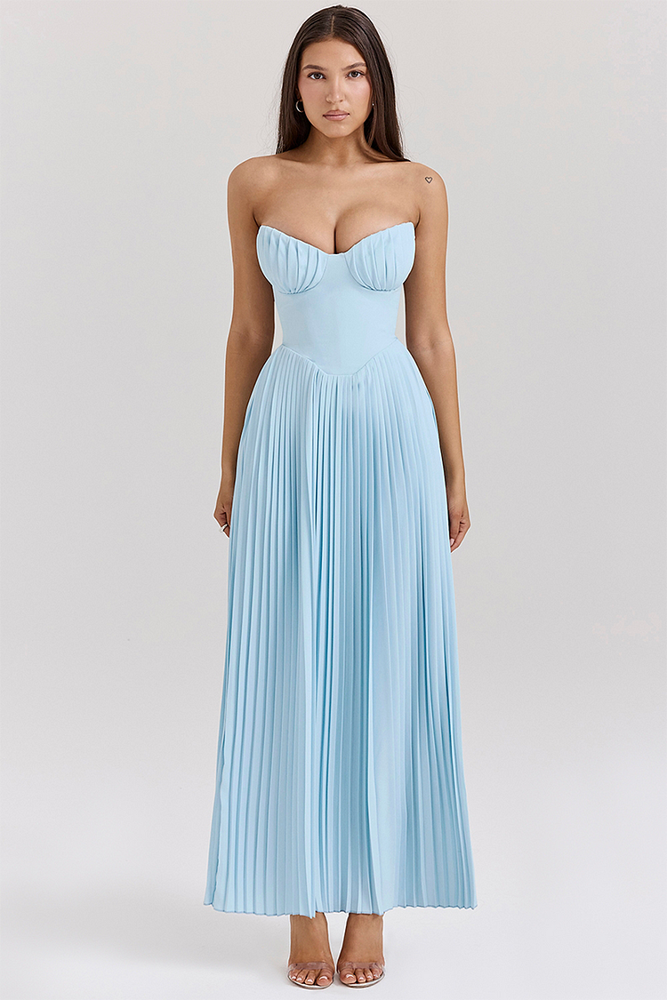 Lola® | Trägerloses, plissiertes Maxikleid mit Cinch-Taille - Blau [Vorbestellung]