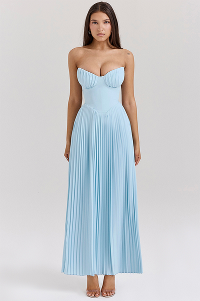 Lola® | Trägerloses, plissiertes Maxikleid mit Cinch-Taille - Blau [Vorbestellung]