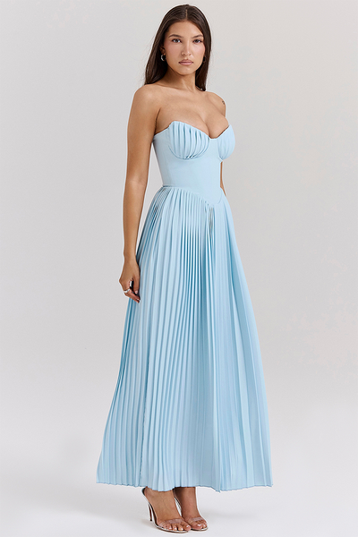 Lola® | Trägerloses, plissiertes Maxikleid mit Cinch-Taille - Blau [Vorbestellung]