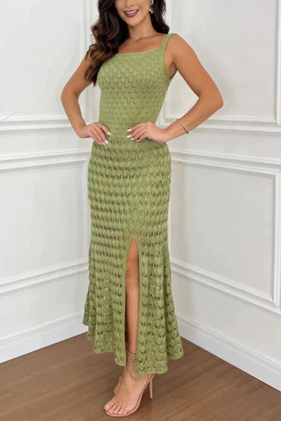 Jacqueline® | Rückenfreies, geschlitztes Stretch-Maxikleid mit Strandstrickstruktur