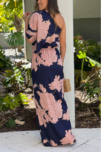 Norma® | Marineblaues One-Shoulder-Maxikleid mit Schlitz