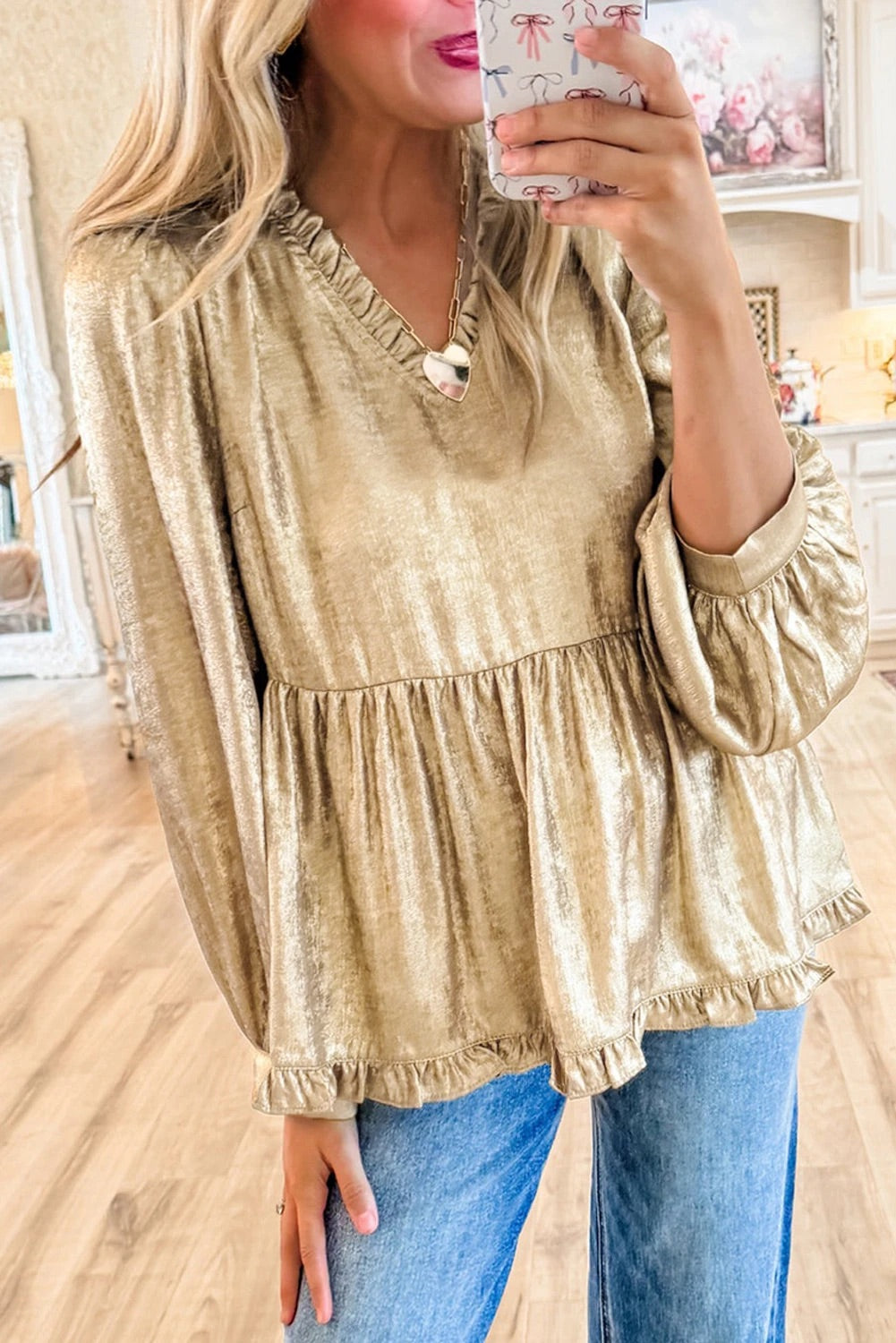 Jenna® | Samtrüschen-Babydoll-Bluse mit V-Ausschnitt und Puffärmeln