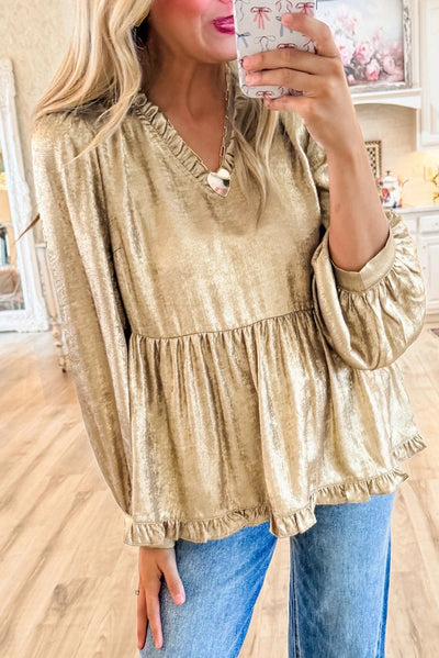Jenna® | Samtrüschen-Babydoll-Bluse mit V-Ausschnitt und Puffärmeln